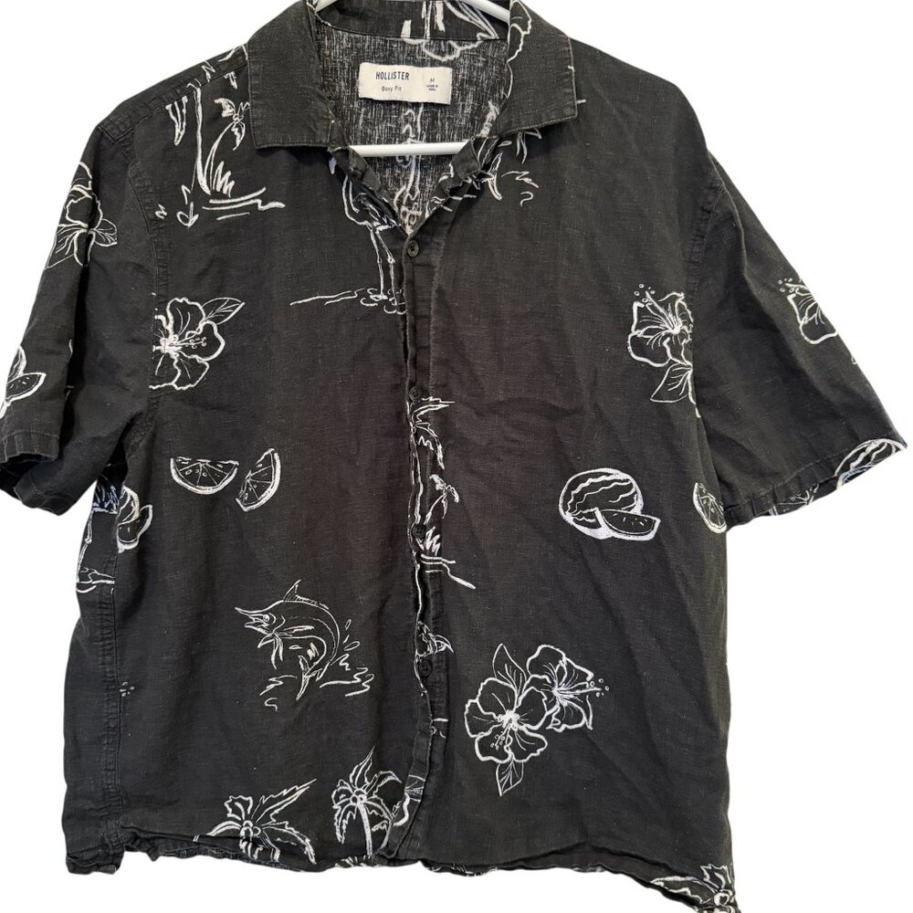 Hollister Mens Boxy Fit Black Linen Blend Tropical Shirt M Floral Marlin Resort